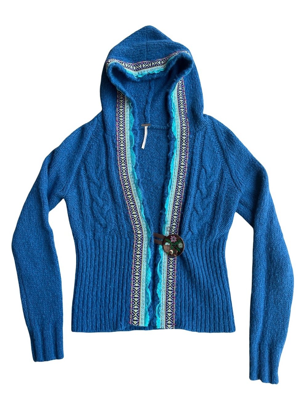 FREE PEOPLE Blue Klara Button Hooded Boho Cardigan Sz M Cozy Artisan Lace Trim - Picture 8 of 13